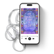 Phone displaying an audiobook cover with earphones on a white background