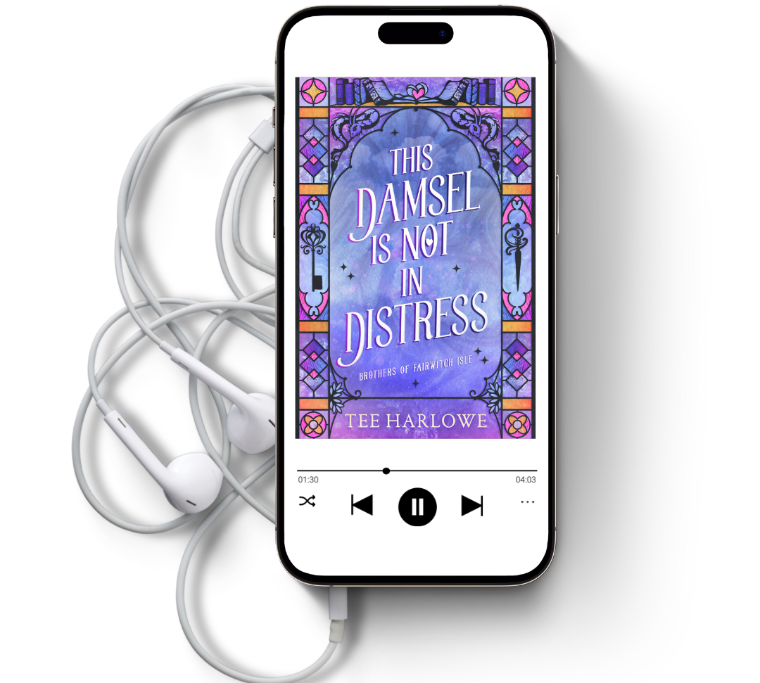 Phone displaying an audiobook cover with earphones on a white background