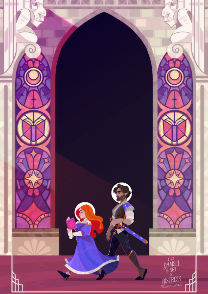 Illustration of a couple walking under a decorative archway with stained glass windows.