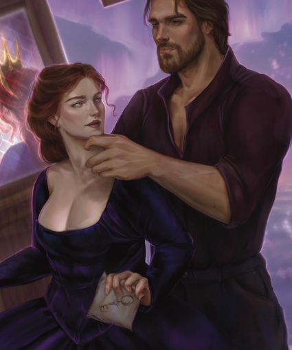 Illustration of a man and woman in formal attire with a mystical background