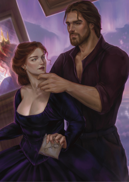 Illustration of a man and woman in formal attire with a mystical background