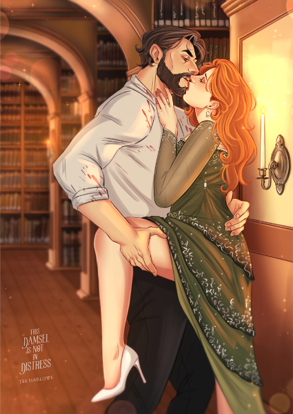 Illustration of a couple embracing in a library setting