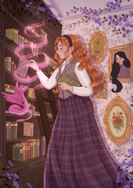 Illustration of a woman in a vintage setting with books and decorative elements.