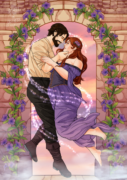 Illustration of a couple embracing under a floral arch with a romantic background.
