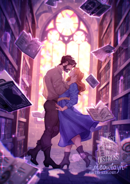 Couple embracing in a library with flying books and stained glass window