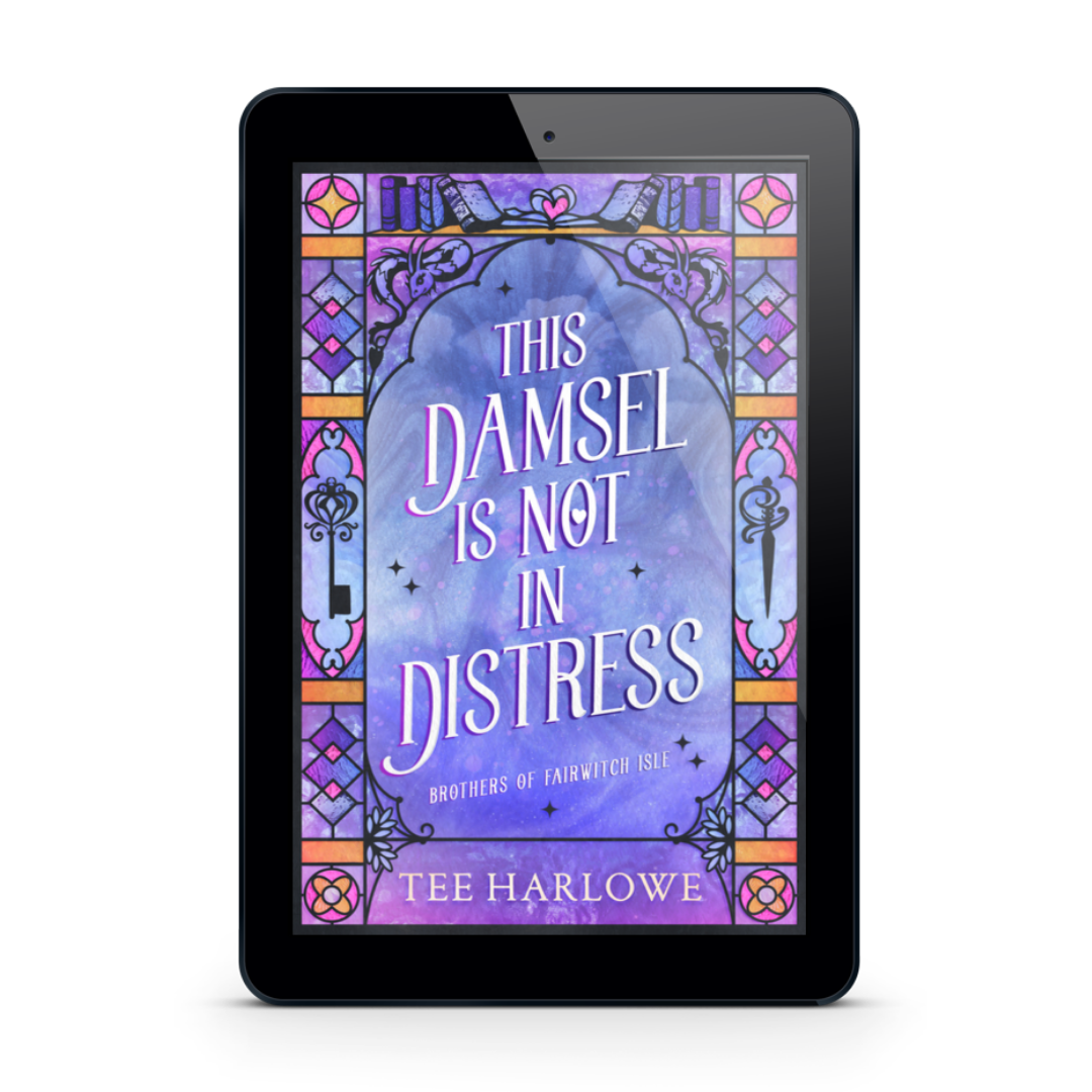 E-reader displaying a book cover titled 'This Damsel is Not in Distress' by Tee Harlowe on a white background.