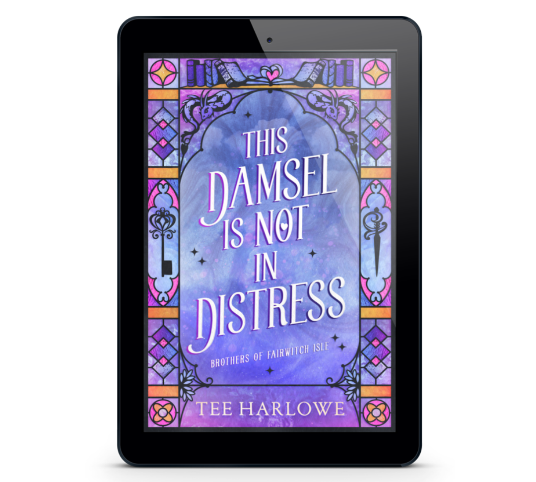 E-reader displaying a book cover titled 'This Damsel is Not in Distress' by Tee Harlowe on a white background.