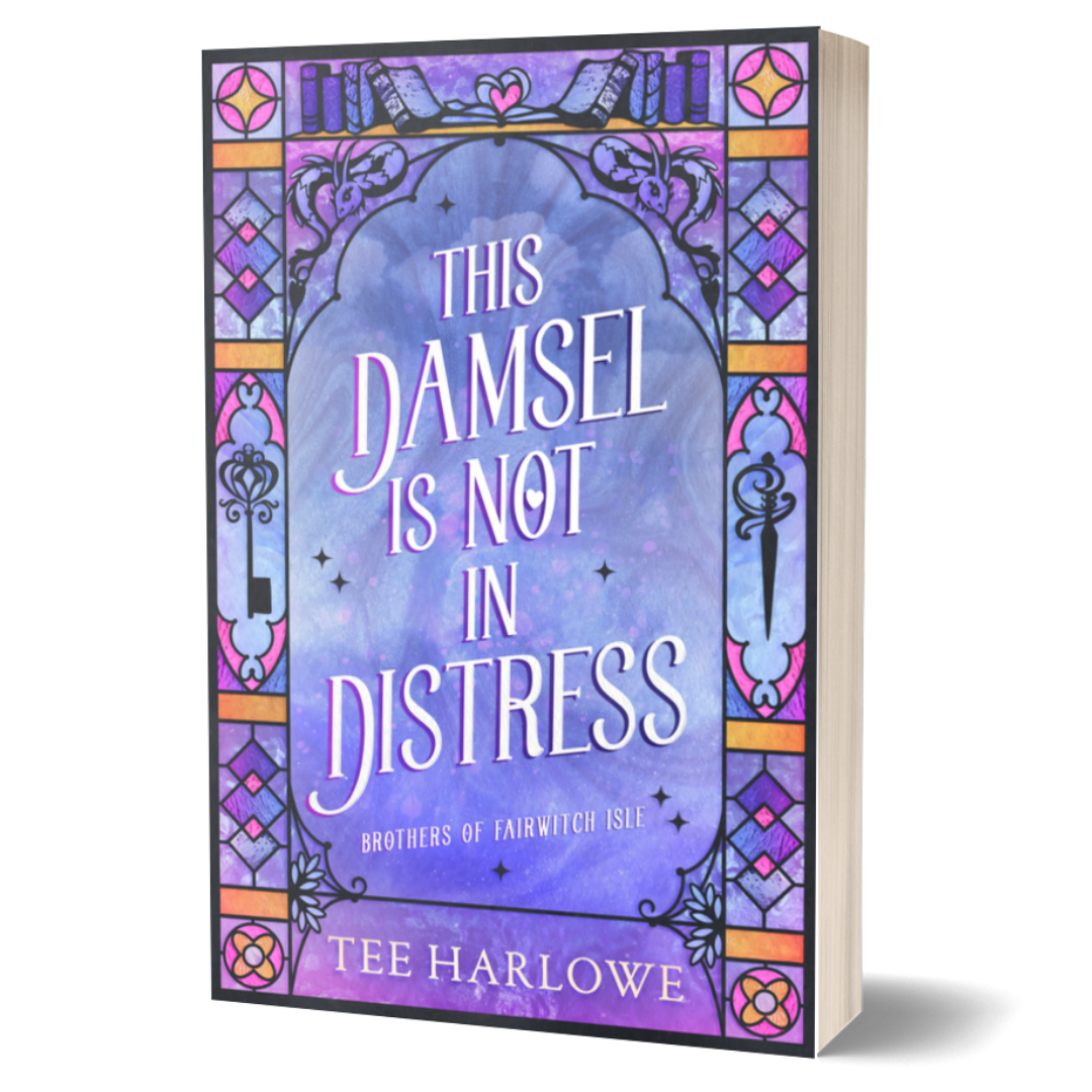 Book cover of 'This Damsel is Not in Distress' with decorative purple and blue design.