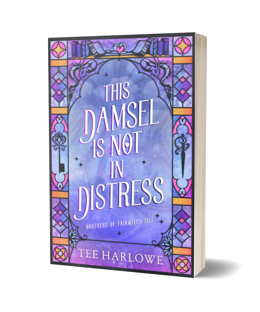 Book cover of 'This Damsel is Not in Distress' with decorative purple and blue design.