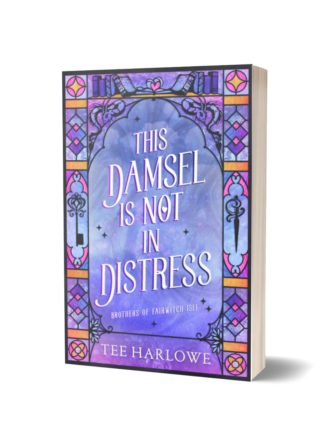 Book cover of 'This Damsel is Not in Distress' with decorative purple and blue design.