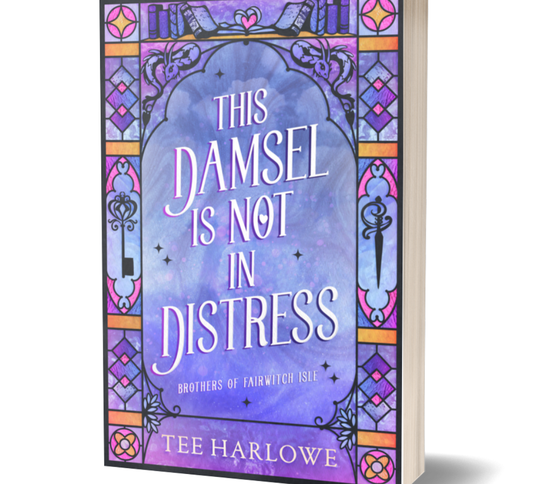 Book cover of 'This Damsel is Not in Distress' with decorative purple and blue design.