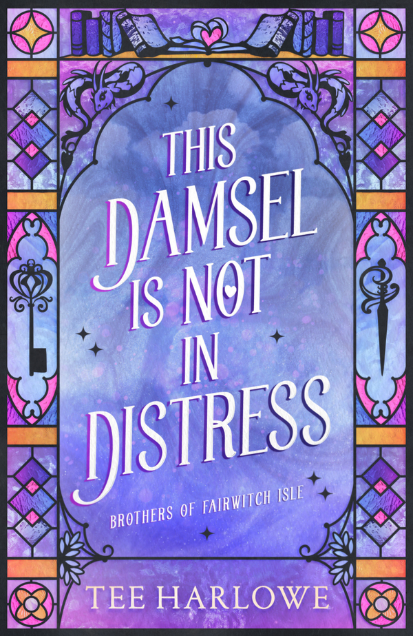 Book cover of 'This Damsel is Not in Distress' with stained glass design