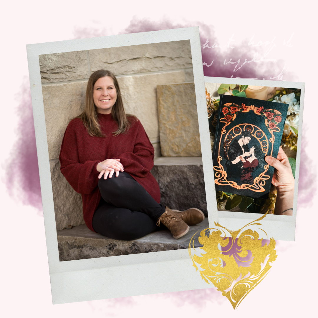 Bestselling Author Tee Harlowe sitting outdoors with a decorative card held up in the corner