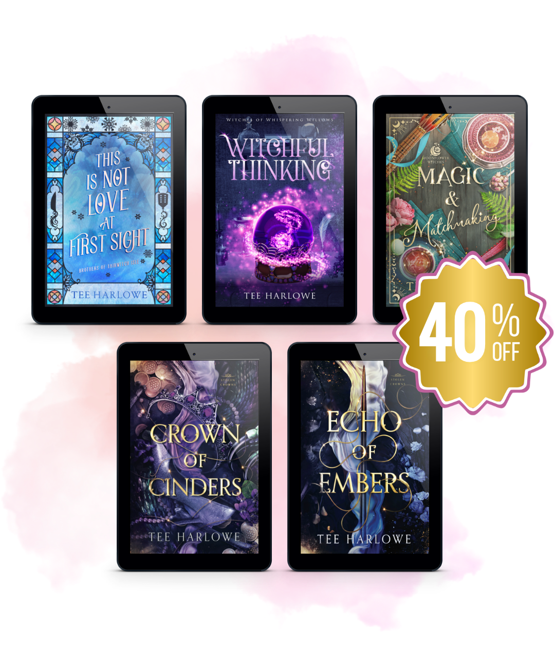 Five book covers on tablets with a 40% off discount label.