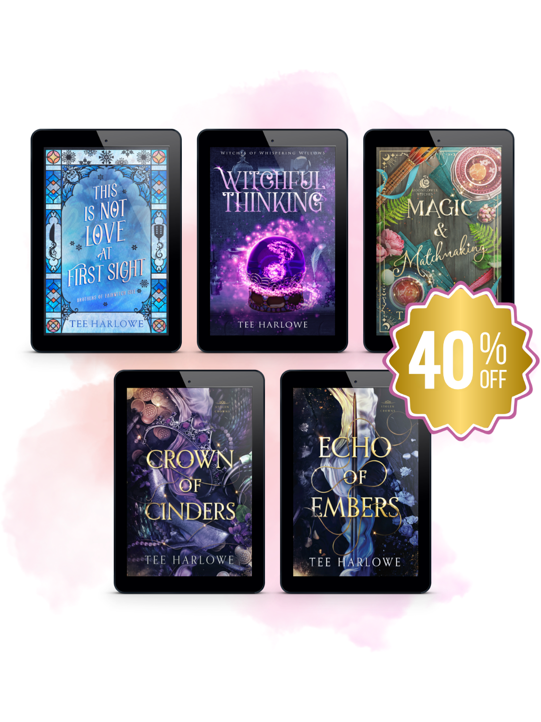 Five book covers on tablets with a 40% off discount label.