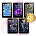 Five book covers on tablets with a 40% off discount label.