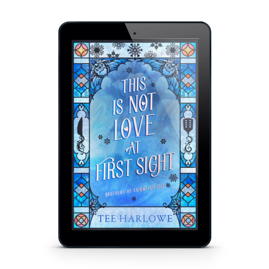 E-reader displaying a book cover with a blue stained glass design and text.