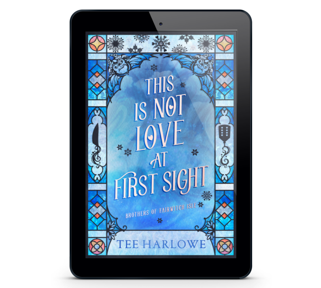 E-reader displaying a book cover with a blue stained glass design and text.