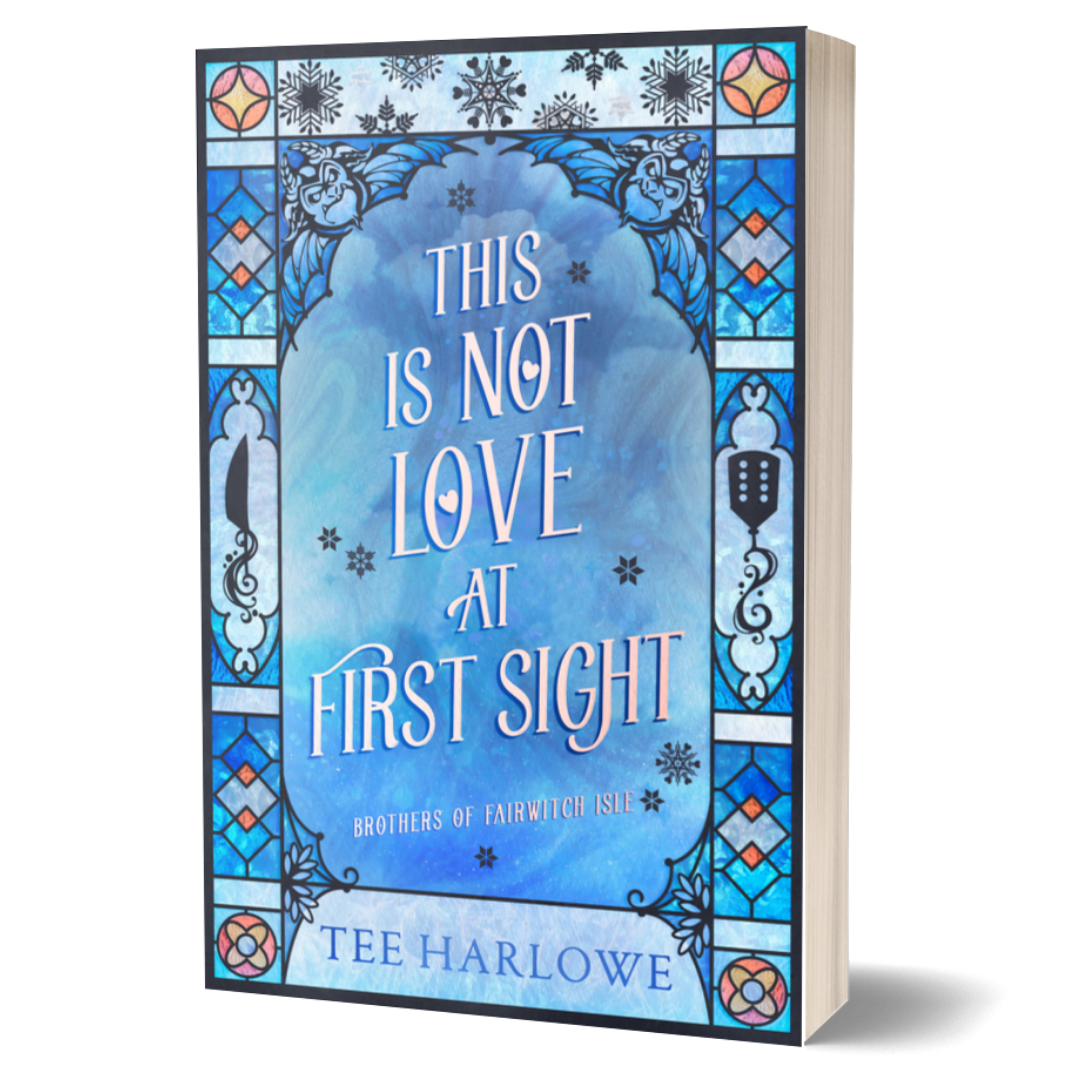 Book cover with decorative blue and white design and text 'This is Not Love at First Sight' by Tee Harlowe.