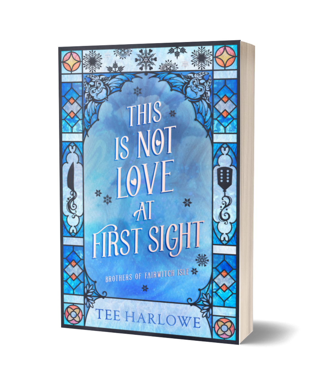 Book cover with decorative blue and white design and text 'This is Not Love at First Sight' by Tee Harlowe.
