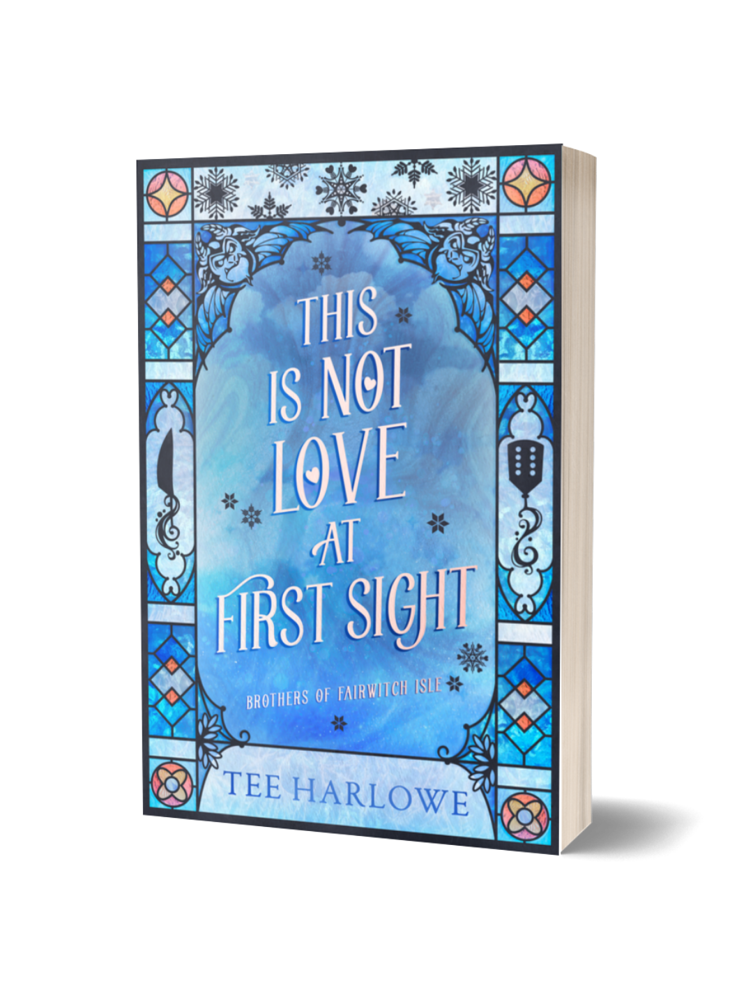 Book cover with decorative blue and white design and text 'This is Not Love at First Sight' by Tee Harlowe.