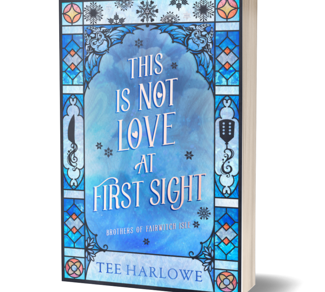 Book cover with decorative blue and white design and text 'This is Not Love at First Sight' by Tee Harlowe.
