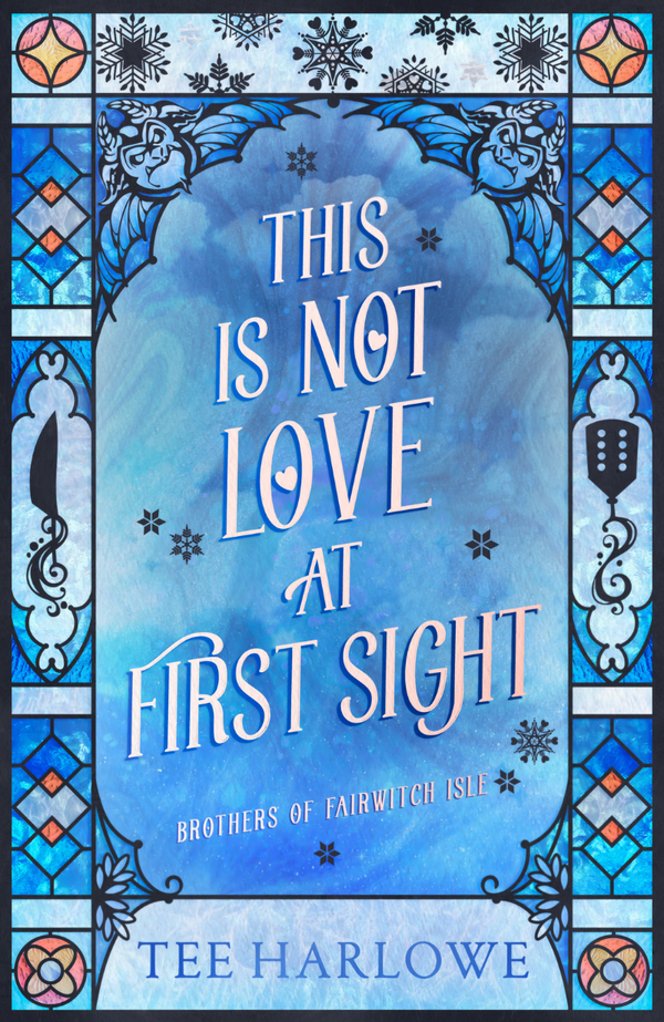 Book cover with stained glass design and text 'This is Not Love at First Sight' by Tee Harlowe.