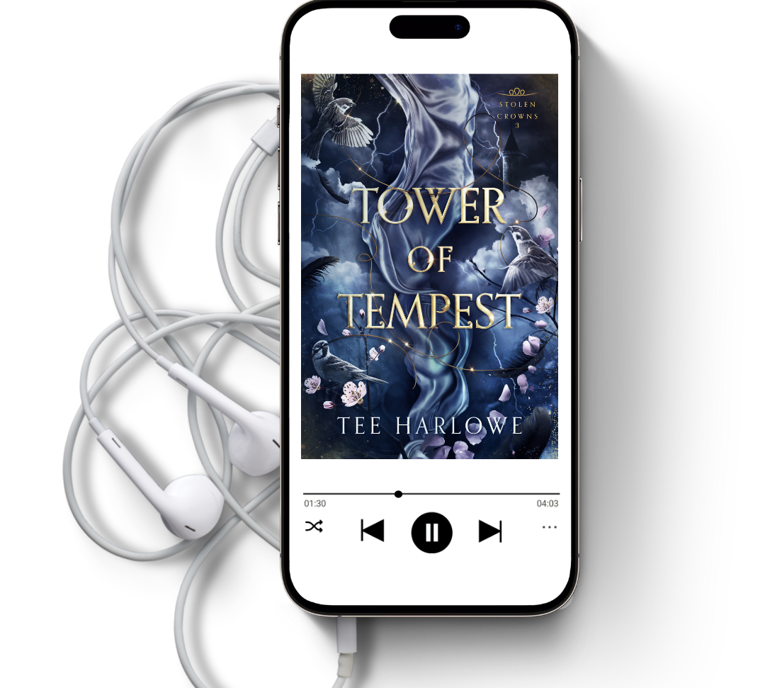 Phone displaying 'Tower of Tempest' by Tee Harlowe with earphones on a white background