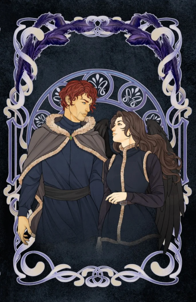 Illustration of two characters in dark clothing with a decorative frame on a dark background