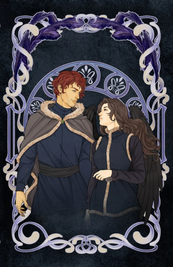 Illustration of two characters in dark clothing with a decorative frame on a dark background