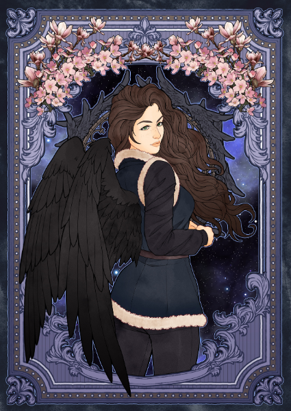 Illustration of a woman with black wings and cherry blossoms in an ornate frame