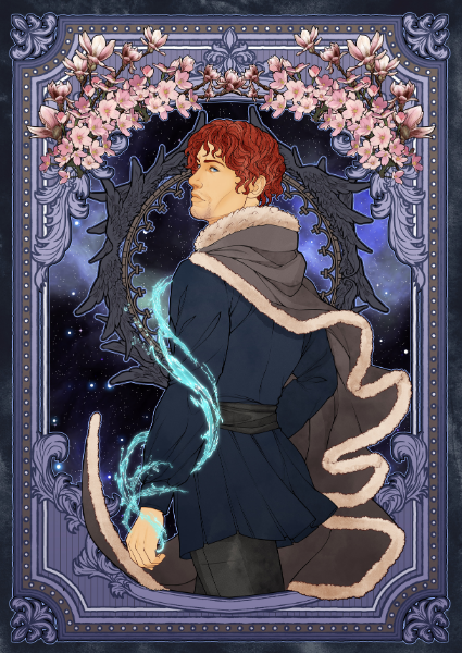 Illustration of a character with glowing blue energy, surrounded by cherry blossoms and decorative elements.