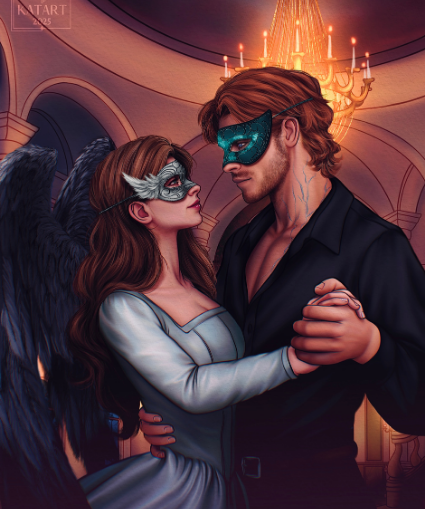 Couple in masquerade masks embracing in an elegant indoor setting with a chandelier.