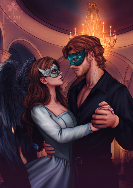 Couple in masquerade masks embracing in an elegant indoor setting with a chandelier.