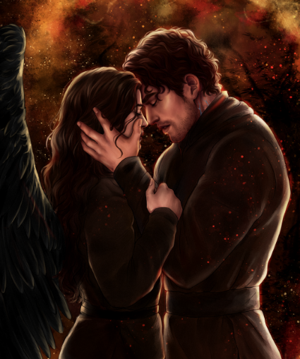 Two people embracing with a mystical, fiery background