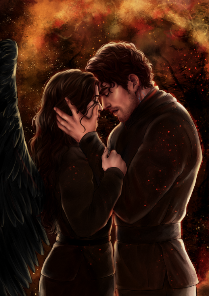 Two people embracing with a mystical, fiery background