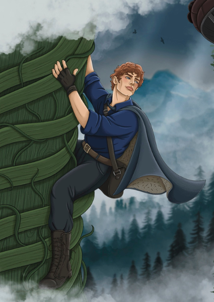 Illustration of a person climbing a large green leaf with a forest and sky in the background