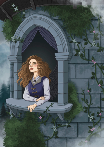 Illustration of a woman sitting in a stone window seat with ivy and flowers around.
