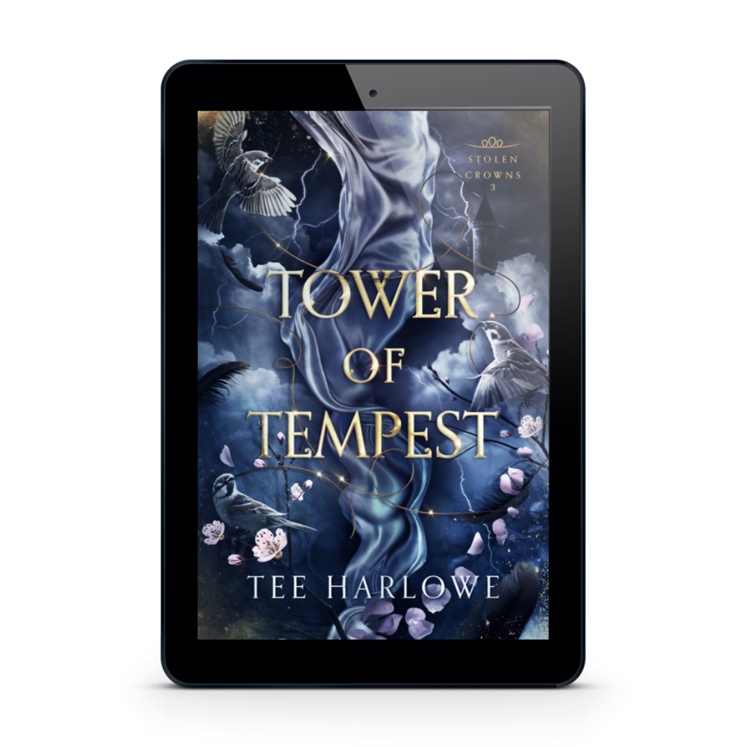 E-reader displaying the book cover of 'Tower of Tempest' by Tee Harlowe on a white background