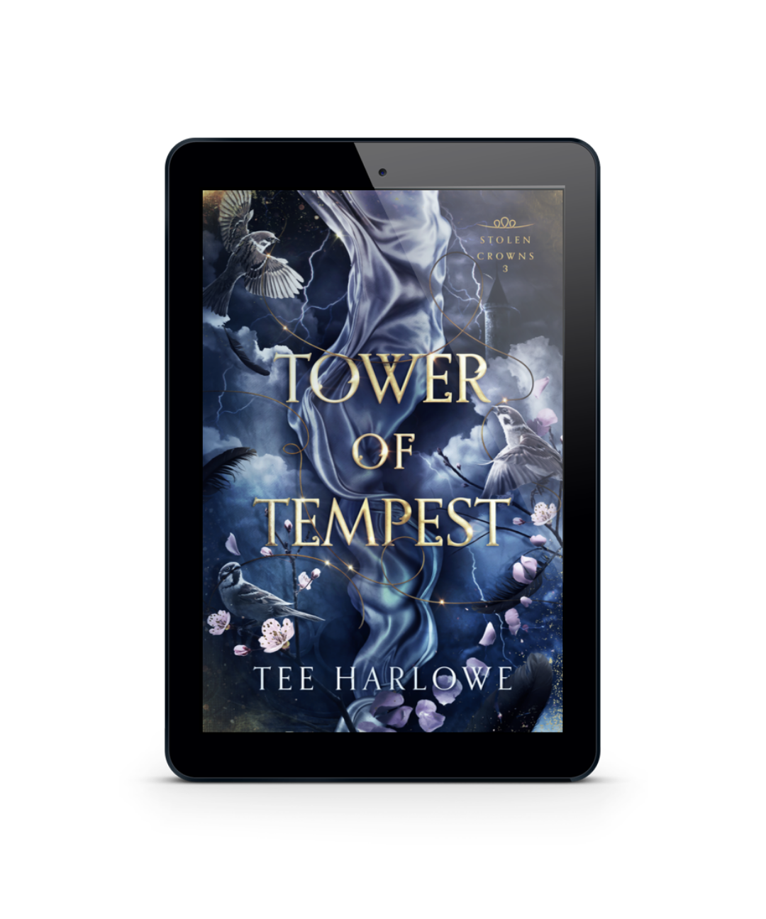 E-reader displaying the book cover of 'Tower of Tempest' by Tee Harlowe on a white background