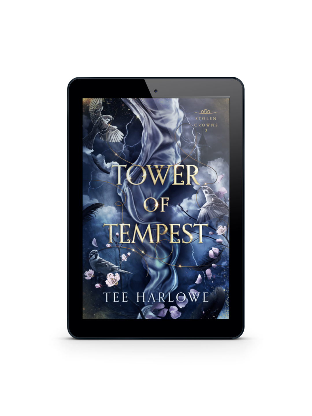E-reader displaying the book cover of 'Tower of Tempest' by Tee Harlowe on a white background