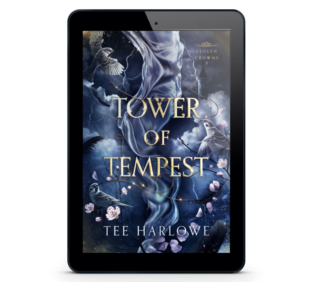 E-reader displaying the book cover of 'Tower of Tempest' by Tee Harlowe on a white background