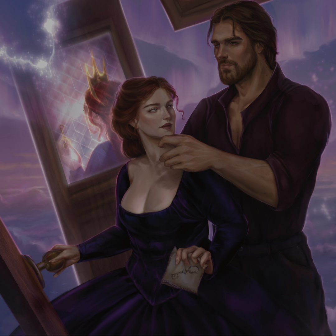 Illustration of a man and woman in a romantic scene with a painting in the background.