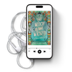 Phone displaying a book cover with headphones on a white background