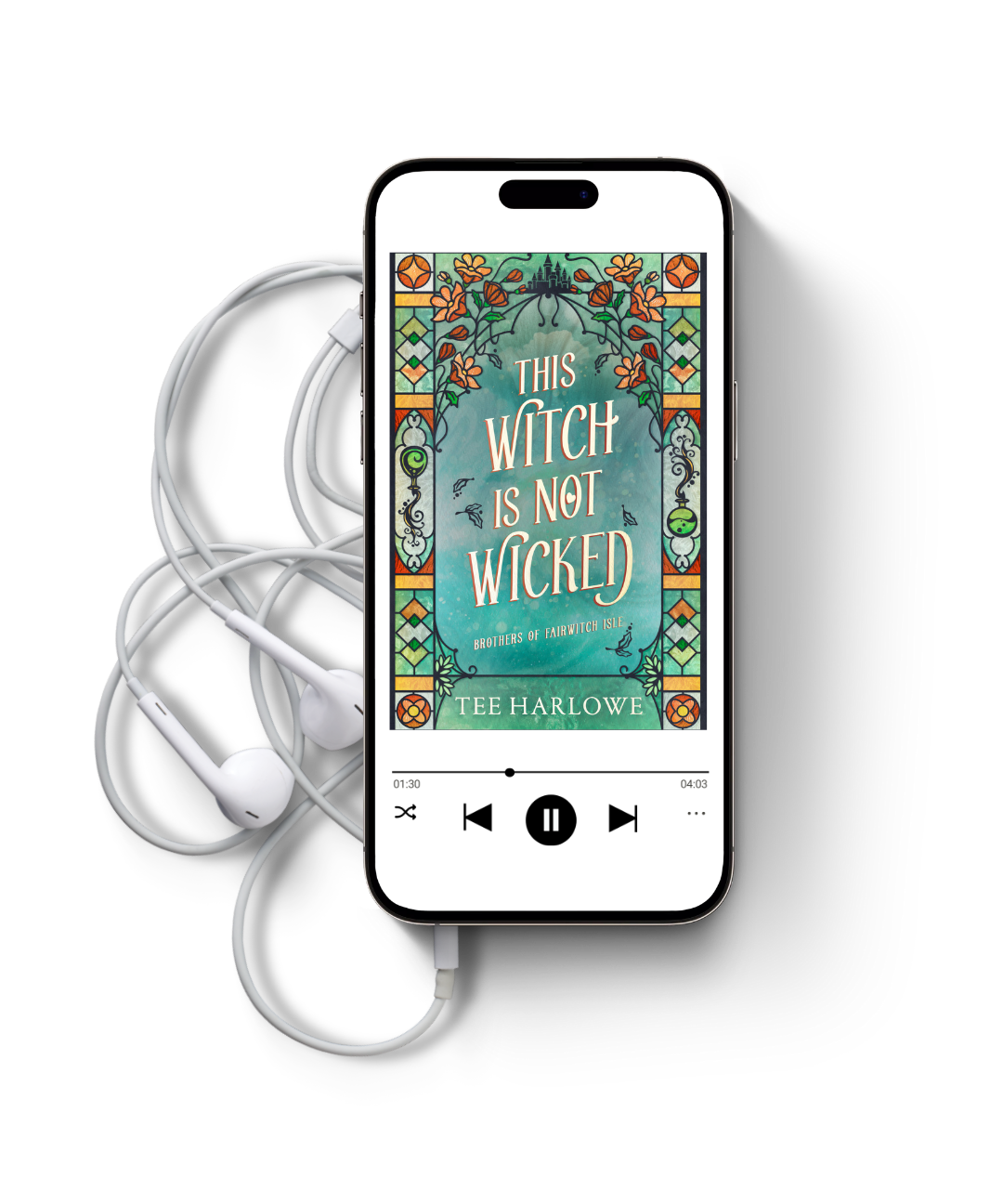 Phone displaying a book cover with headphones on a white background