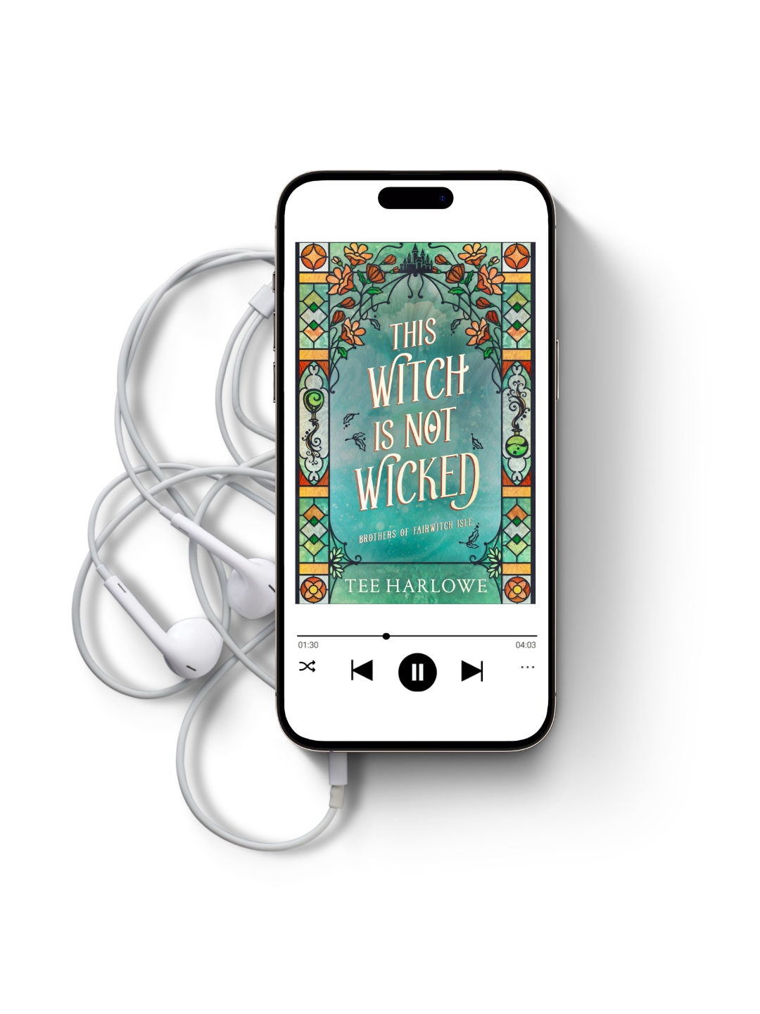 Phone displaying a book cover with headphones on a white background