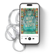 Phone displaying a book cover with headphones on a white background