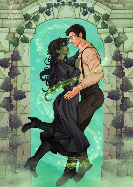 Illustration of a couple embracing with a mystical green glow against a stone archway background.