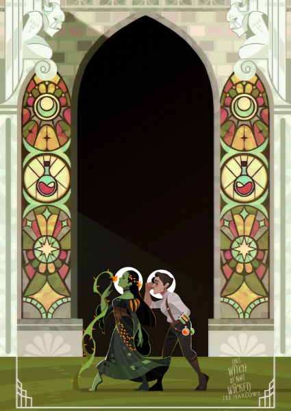 Illustration of two characters in front of a stained glass window with a dark archway.