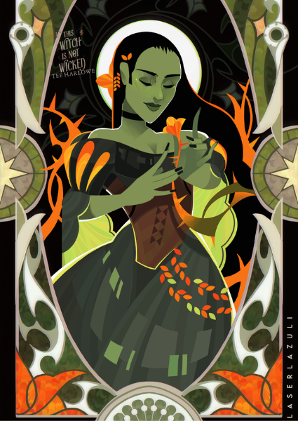Artistic depiction of a green-skinned woman with a goblin on her shoulder, surrounded by decorative elements.